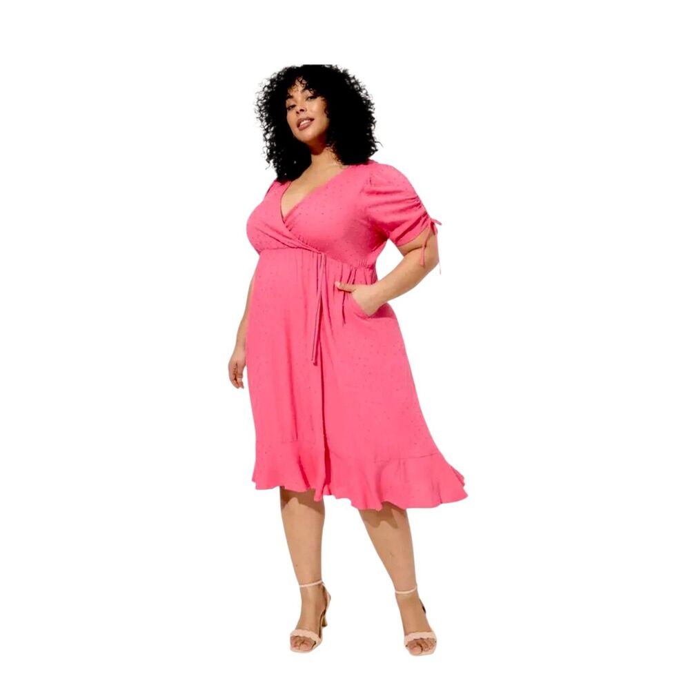 Torrid Swiss Dot surplice Midi Dress Plus Hot Pink Size 18-20